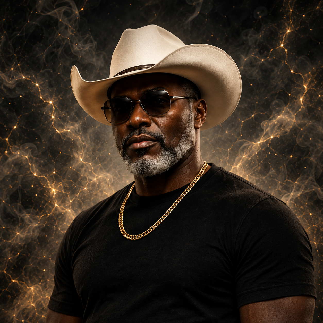 Waymon Smoke wearing a cream felt cowboy hat and sunglasses